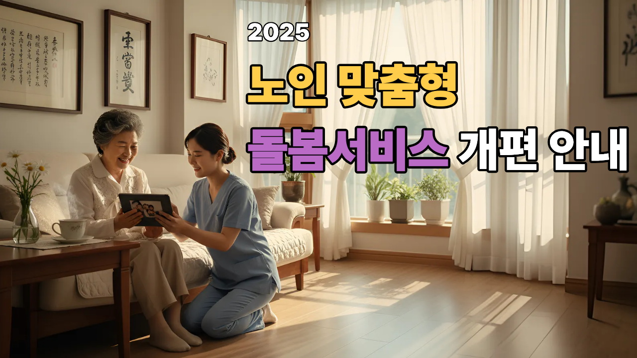 2025년 노인맞춤형 돌봄서비스 안내 이미지. 노인이 요양보호사와 함께 상담받으며 서비스를 설명하는 장면.