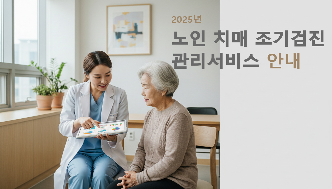 밝은 진료실에서 의사가 노인에게 노인 치매 조기검진 결과를 설명하는 장면, 태블릿에 두뇌 건강 결과가 보임