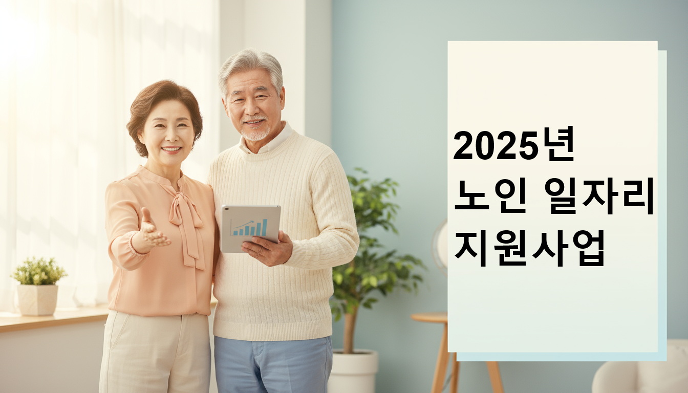 2025년 노인 일자리 지원사업에 참여하며 웃고 있는 한국인 시니어 부부의 모습