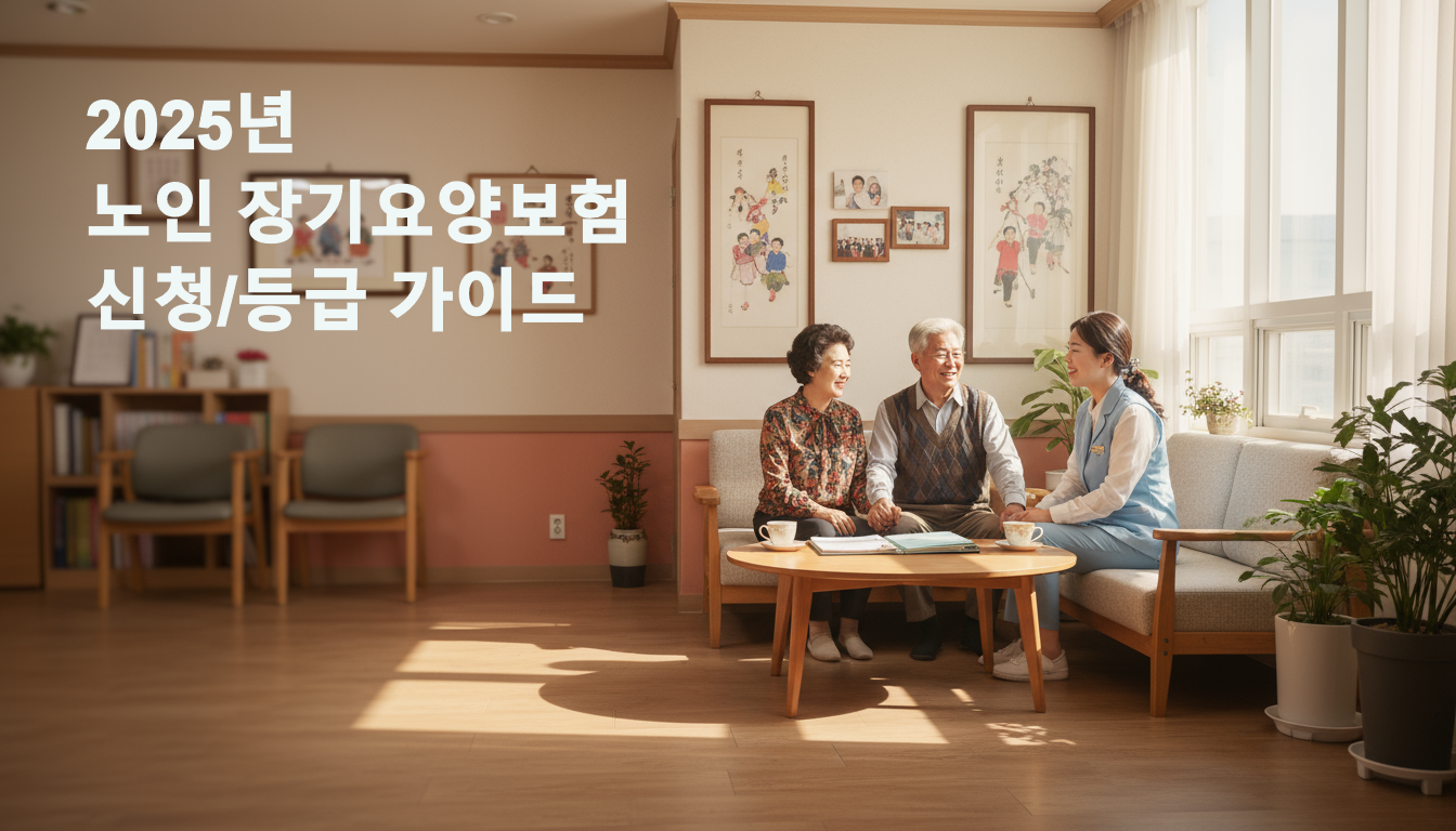 2025년 노인장기요양보험 신청을 위해 노인복지센터에서 상담받는 한국 시니어 부부