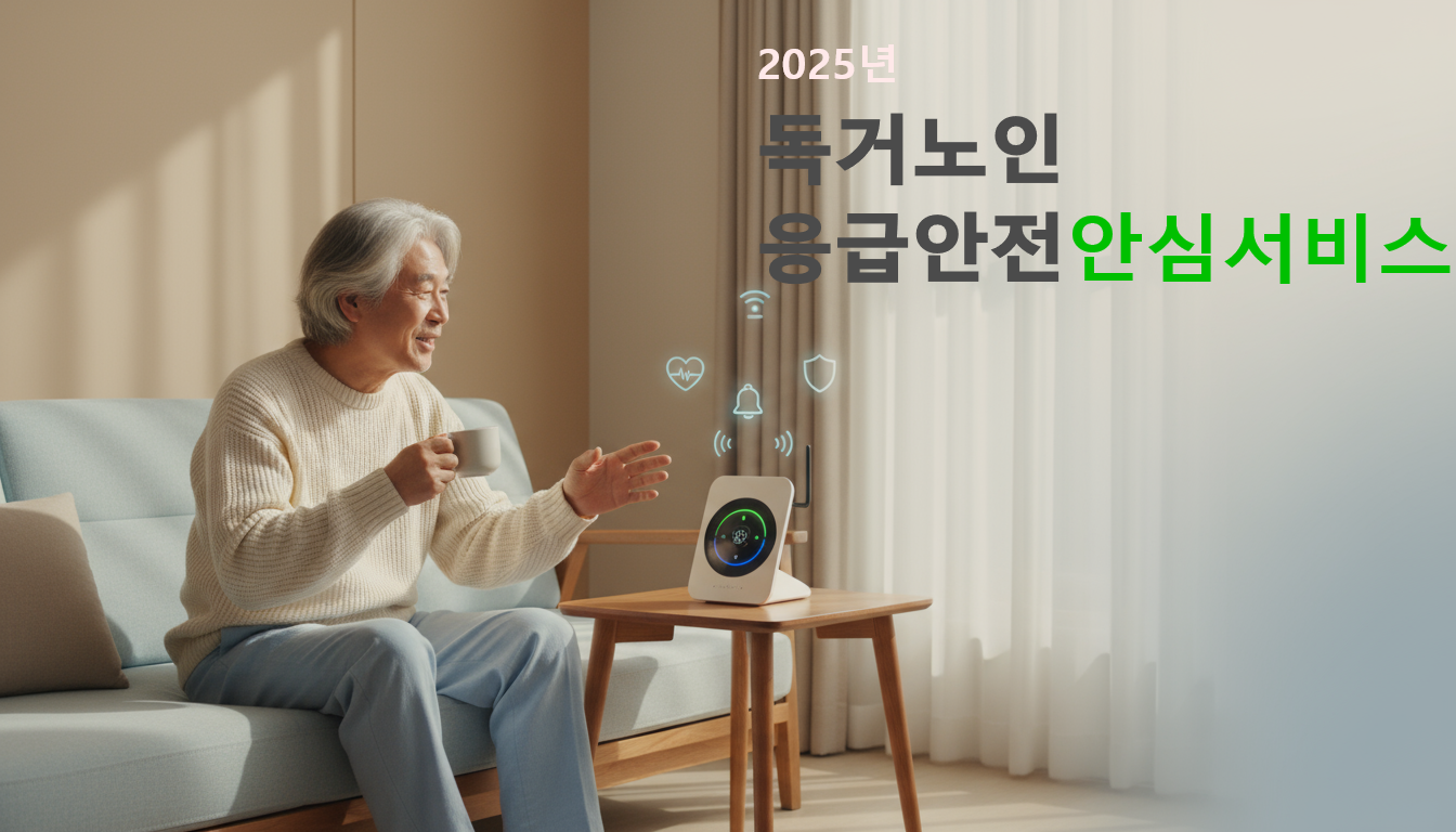 2025년 독거노인 응급안전안심서비스를 상징하는 한국의 은발 노인이 스마트 안전기기를 사용하는 장면