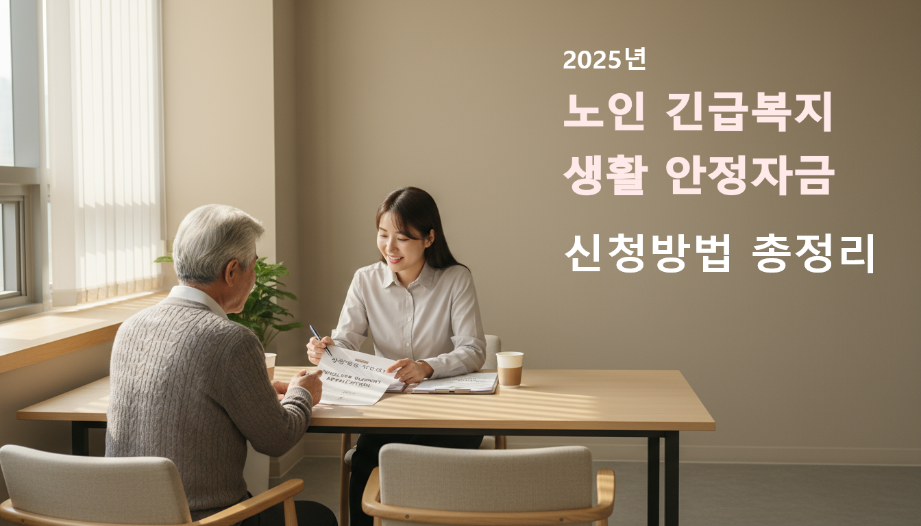 상담 테이블에서 서류를 살펴보는 은발의 어르신과 복지담당자, 2025년 노인 긴급복지 및 생활안정자금 안내 이미지