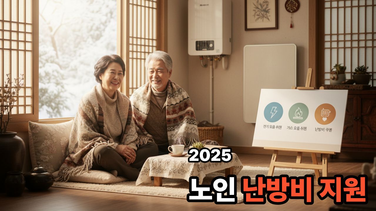 겨울철 난방비 지원을 받는 한국 노인 부부와 에너지 지원 아이콘이 함께 보이는 안내형 일러스트
