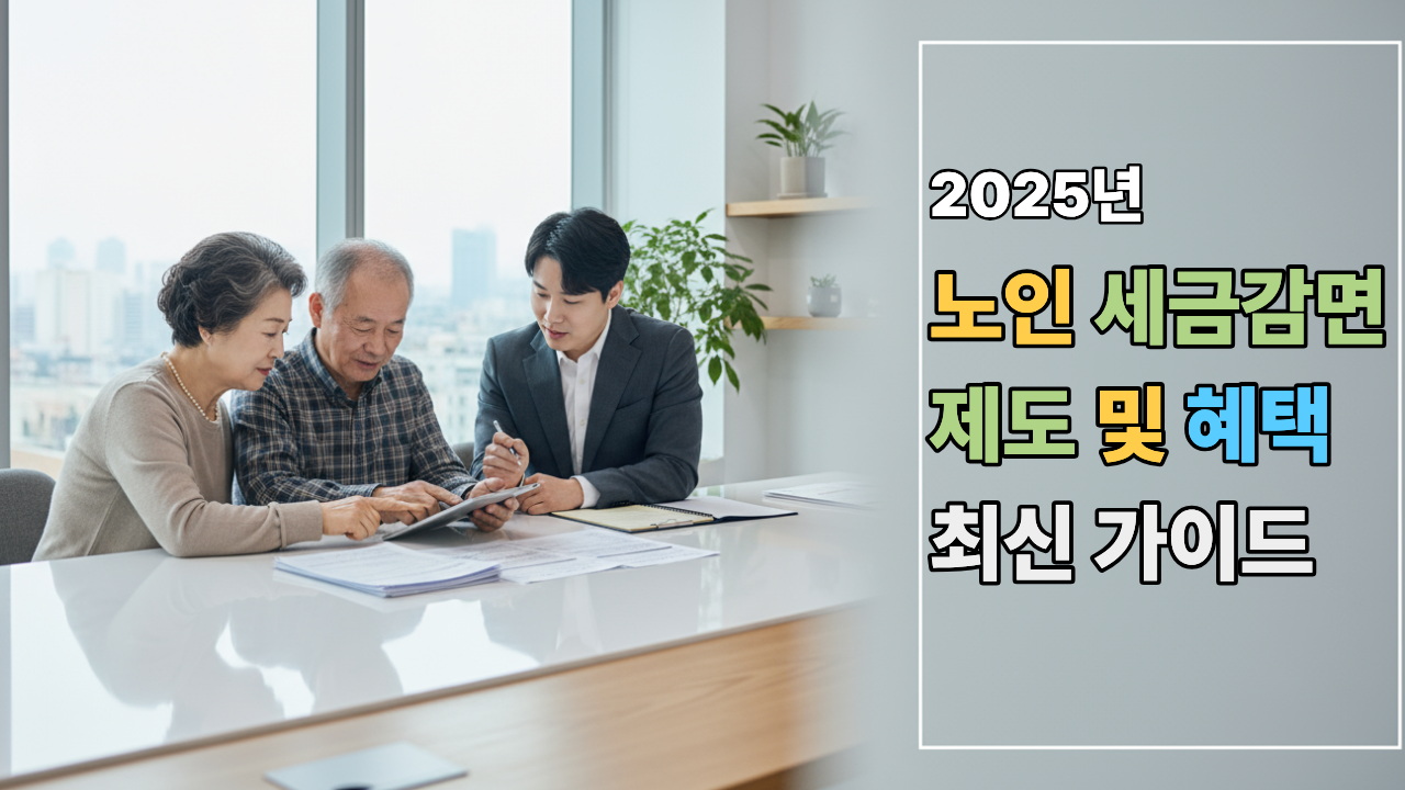 세무상담 창구에서 서류를 검토하는 노부부, 2025년 노인 세금감면 제도 안내 이미지