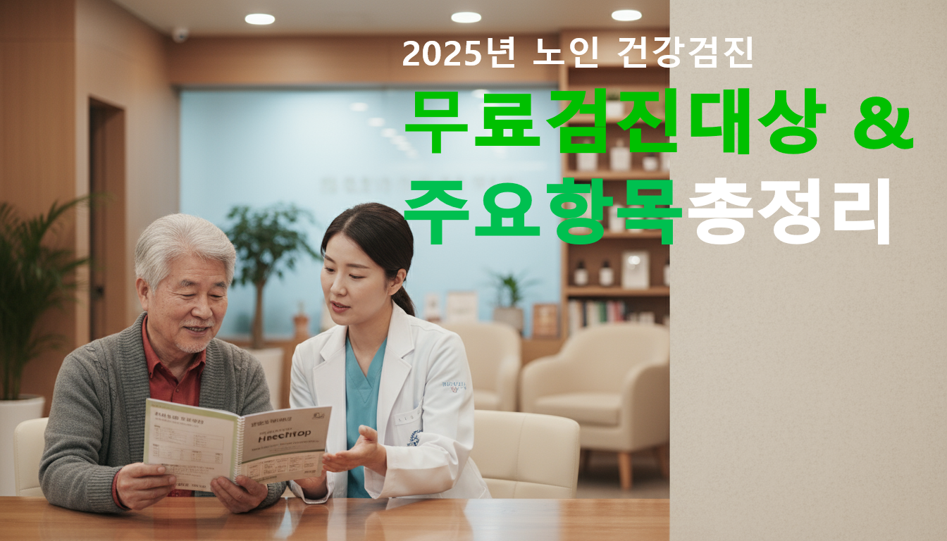 2025년 노인건강검진을 상징하는 은발 어르신과 의료진이 함께 건강검진 상담을 나누는 모습의 이미지