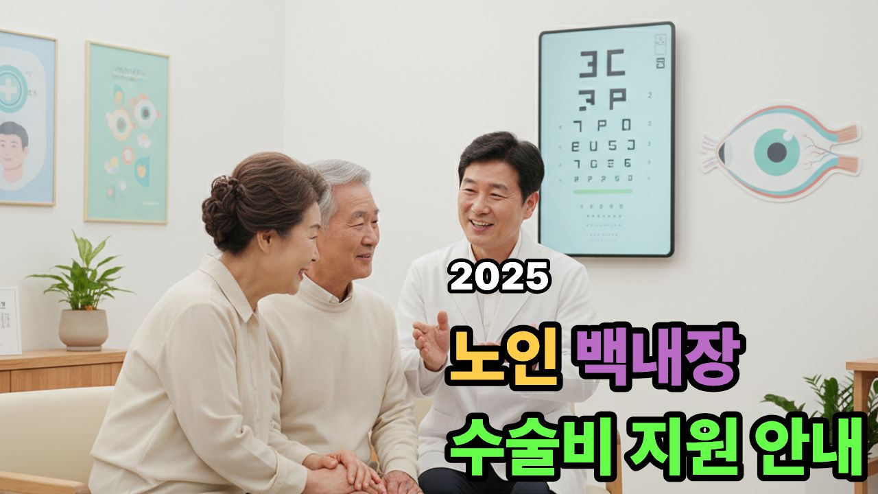안과에서 백내장 상담을 받는 70대 노부부와 의사의 설명 장면