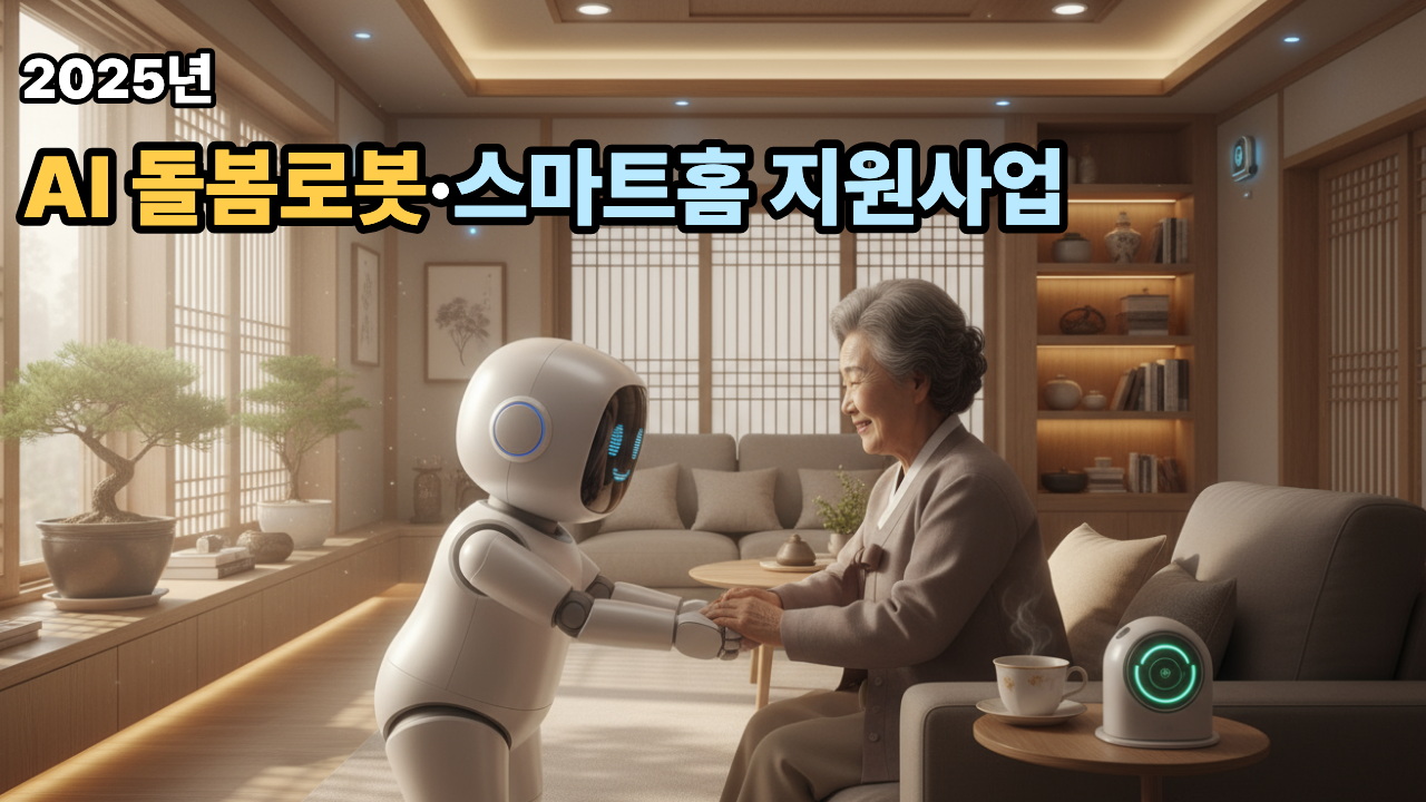 AI 돌봄로봇·스마트홈 지원사업 2025, 거실에서 인공지능 돌봄로봇이 노인과 대화하며 스마트홈 센서와 조명 시스템이 함께 작동하는 모습. 고령층의 안전과 정서 돌봄을 지원하는 장면.