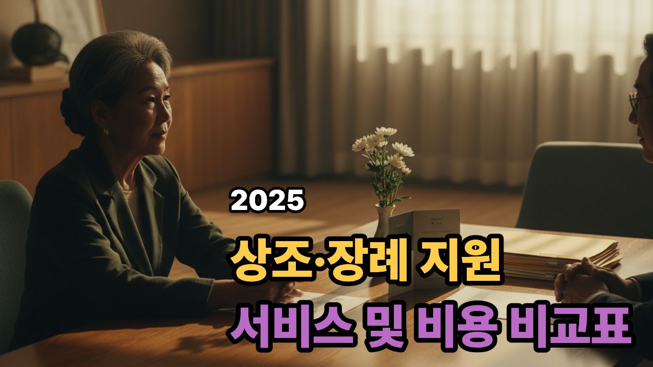 상조와 장례 지원 서비스를 상담하는 한국 노인 부부가 따뜻한 조명 아래 테이블에 앉아 있는 모습