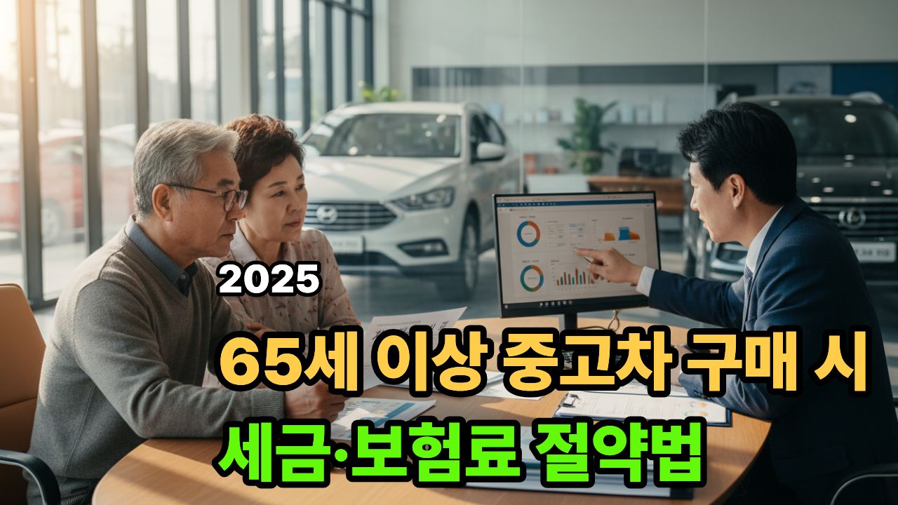 65세 이상 한국 고령층이 중고차 세금과 보험료 절약 방법을 상담하는 모습
