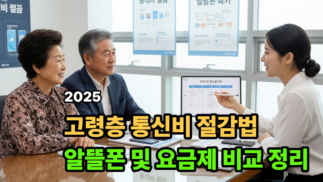 스마트폰 요금제 절감 상담을 받는 65세 이상 한국 고령층 부부