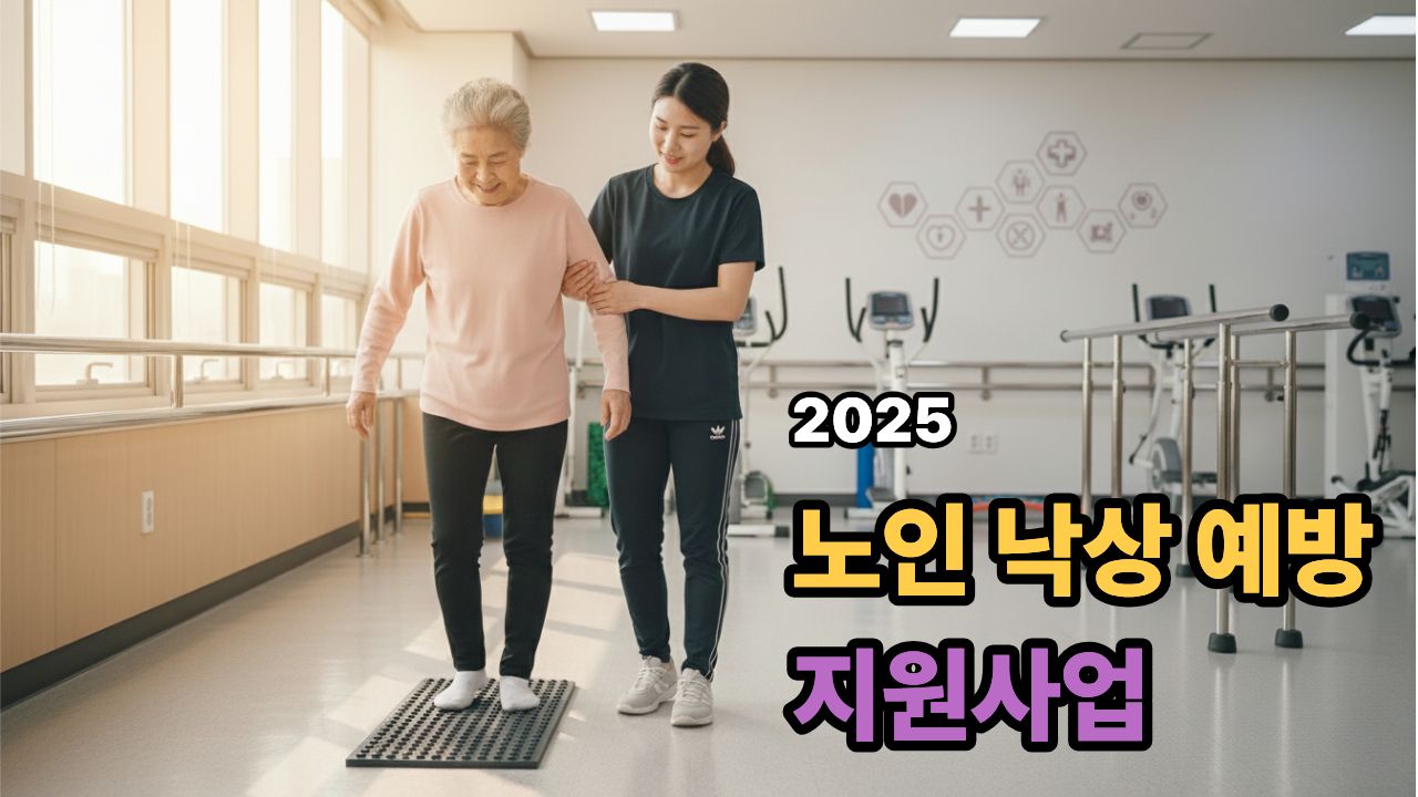 노인 낙상 예방 지원사업 2025, 물리치료사와 함께 균형운동을 배우는 시니어와 안전 보조기구 장면.