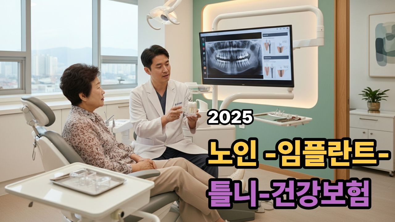 임플란트·틀니 건강보험 2025에 대해 치과에서 상담받는 노인 환자와 치과의사 장면