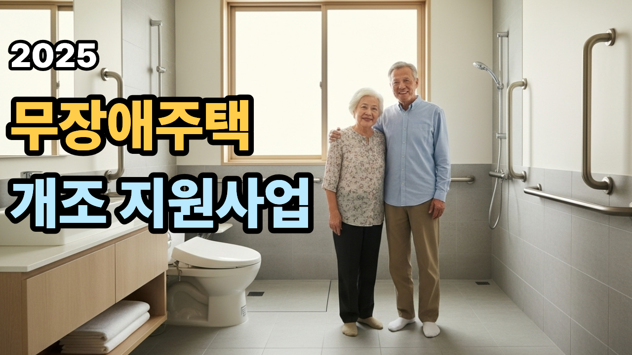 무장애주택 개조 지원사업 2025, 미끄럼방지 타일과 안전손잡이가 설치된 무장애 욕실에서 미소 짓는 고령자 부부의 모습. 고령자와 장애인을 위한 주거환경 개선을 상징하는 장면.