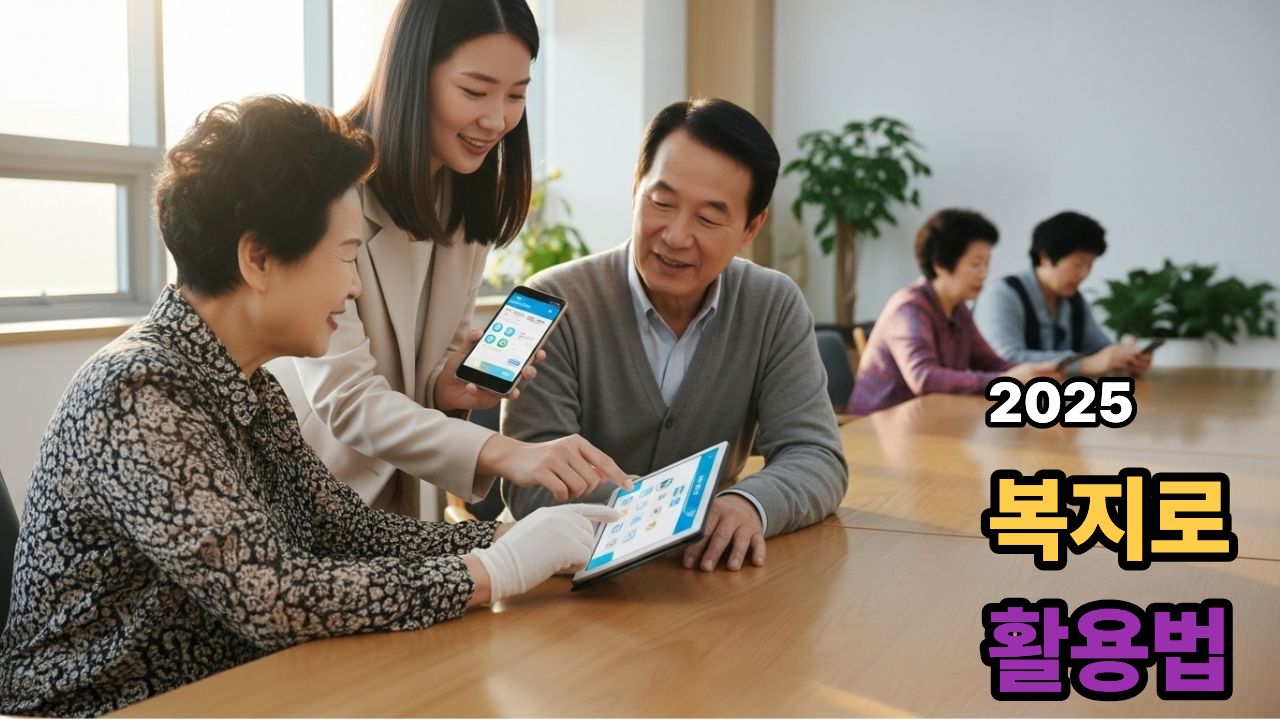 복지로 활용법 2025, 복지로 홈페이지를 스마트폰과 태블릿으로 배우는 시니어의 모습. 복지서비스 검색과 신청 방법을 배우는 장면.