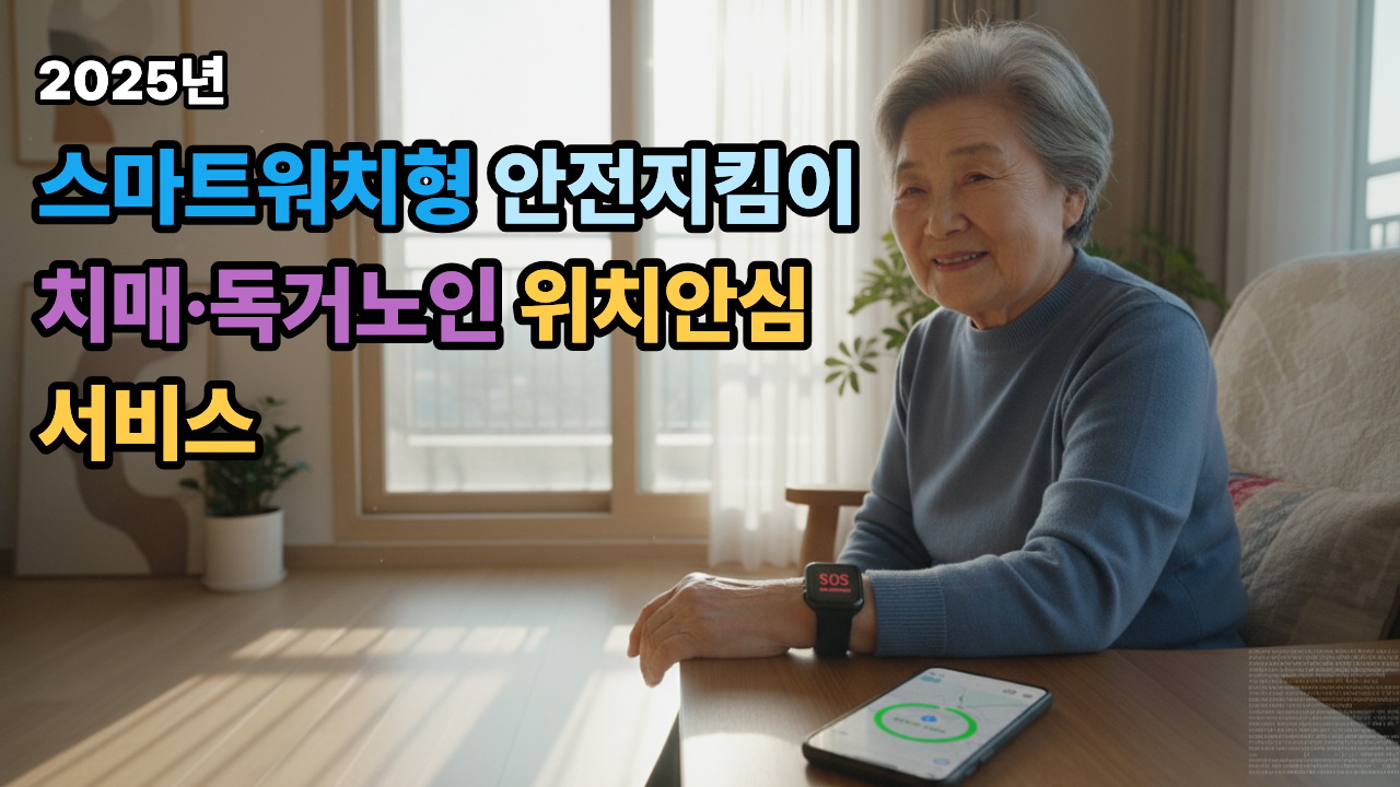 스마트워치형 안전지킴이 2025, 치매 어르신이 집 안에서 스마트워치를 착용한 모습. SOS 아이콘과 보호자 알림 화면이 함께 보이며, 노인의 안전과 돌봄을 상징하는 이미지.