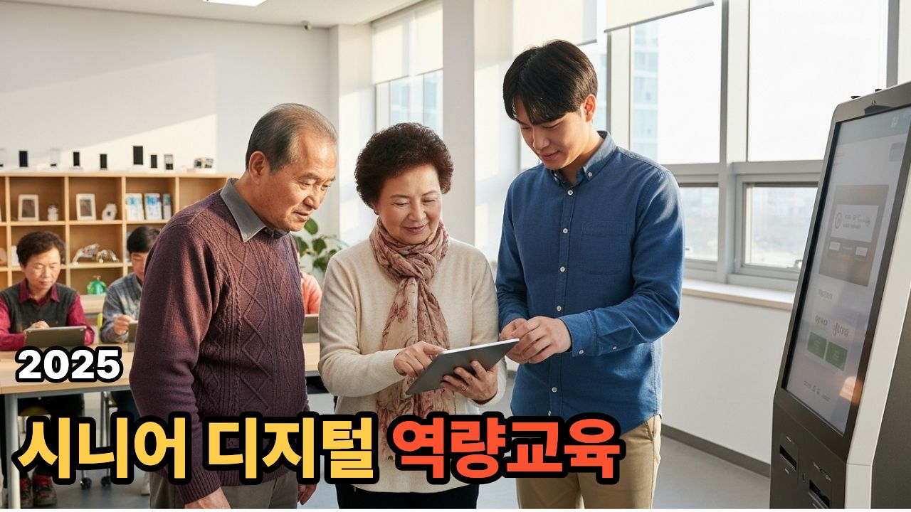 시니어 디지털 역량교육 2025, 강사에게 스마트폰과 키오스크 사용법을 배우는 고령층의 모습. 디지털 기초교육 장면.