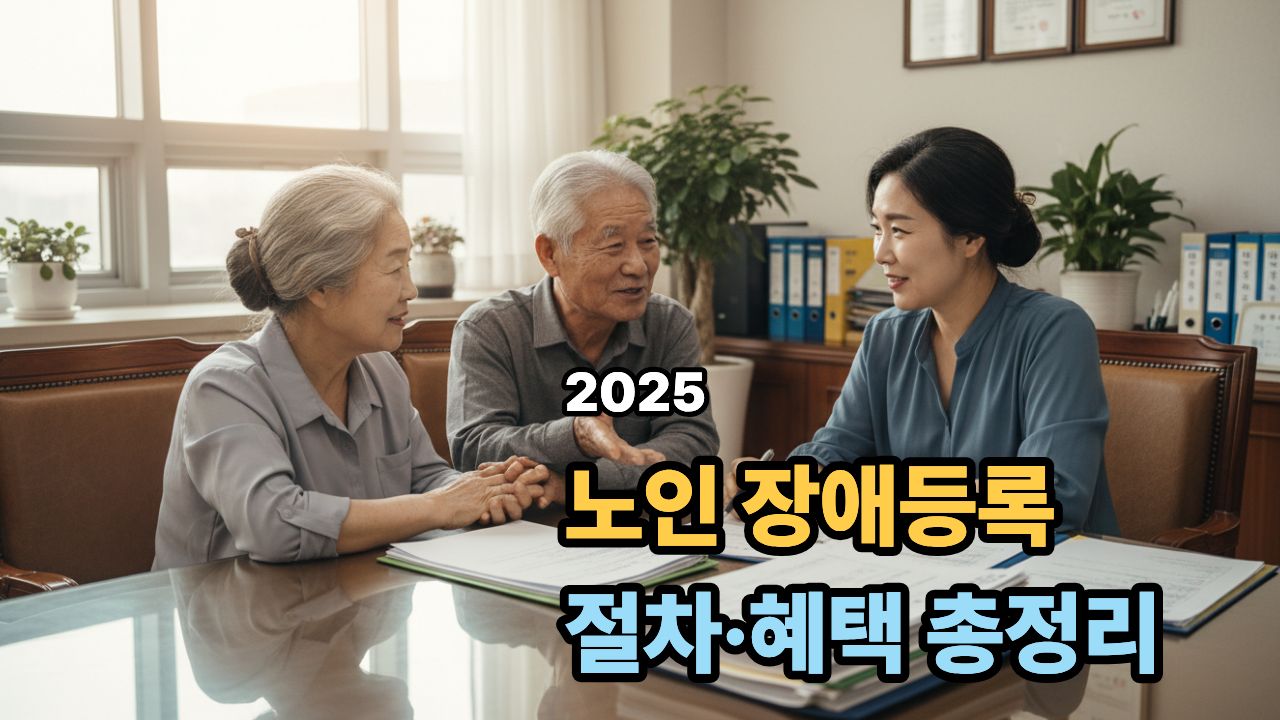 노인 장애등록 절차와 혜택 안내를 상담받는 한국 시니어 부부 모습