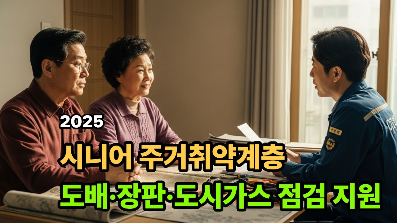 도배·장판 교체와 도시가스 안전점검 지원을 상담받는 한국 시니어 부부 모습